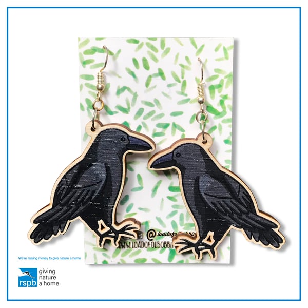 Crow Wooden Illustrated Drop Earrings