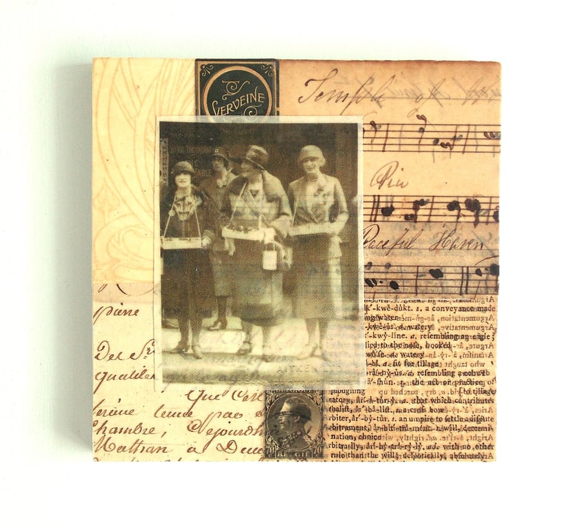 Original Paper & Fabric Collage on Wood Panel, 12x12cms, Free UK Postage (199)