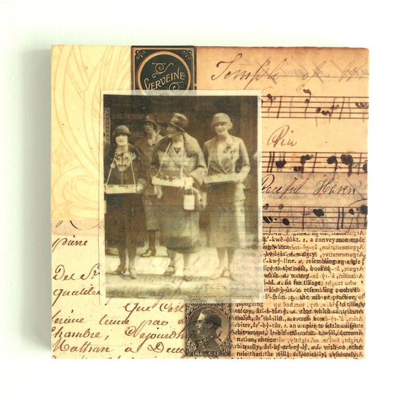 Original Paper & Fabric Collage on Wood Panel, 12x12cms, Free UK Postage (199)