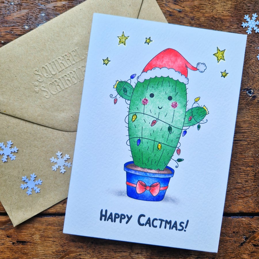 Christmas Card, Christmas Cactus Card, Glittery Christmas Tree Card