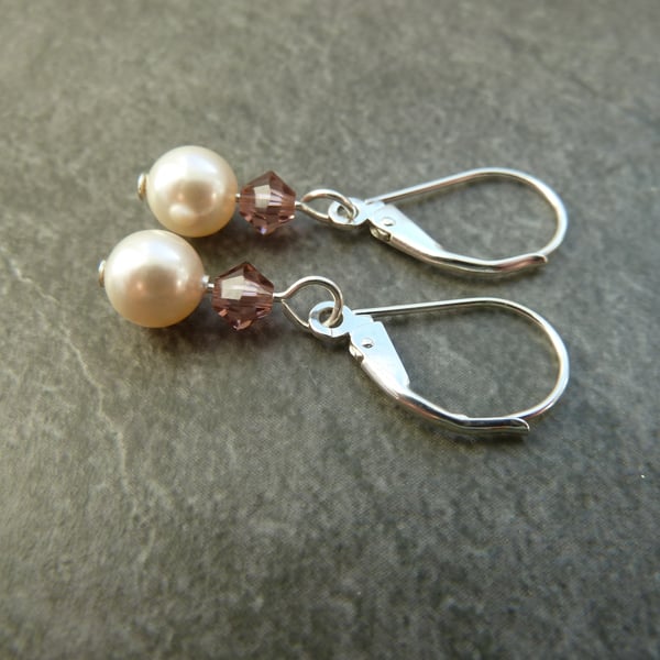 sterling silver lever back earrings, pearl