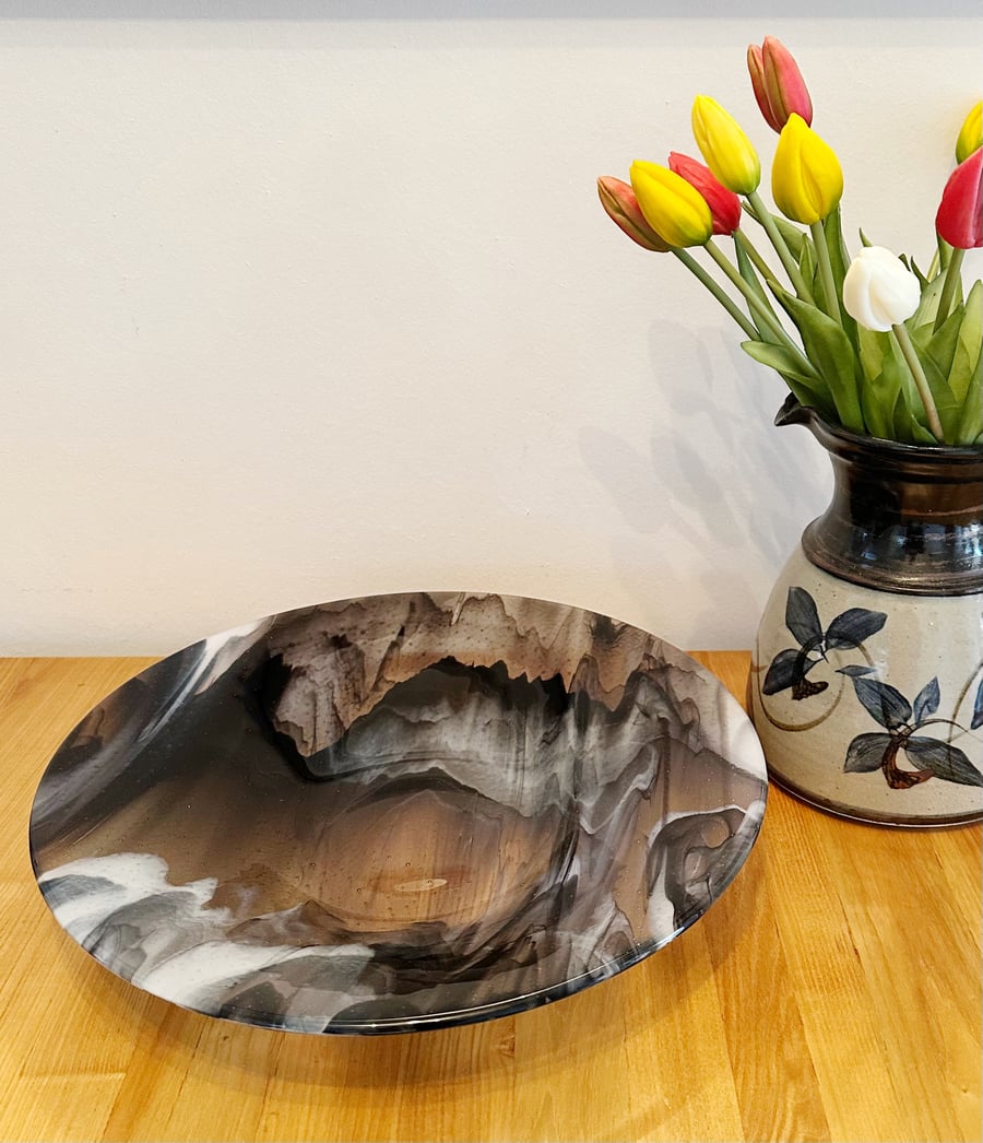Large Fused Glass Bowl-Black-White-Clear-Streaky