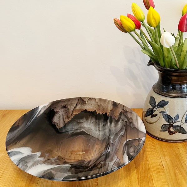 Large Fused Glass Bowl-Black-White-Clear-Streaky
