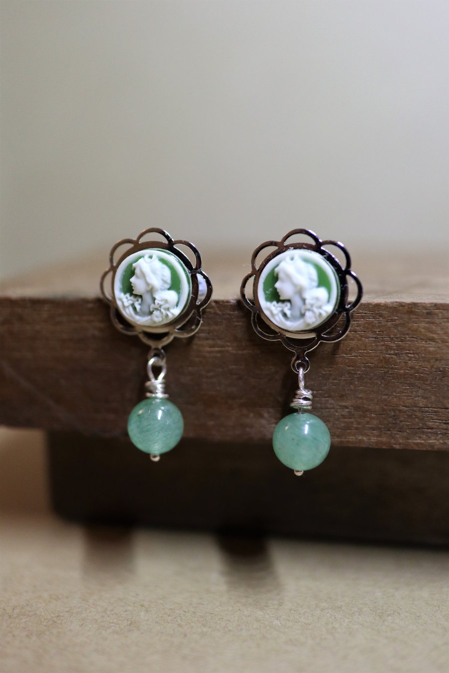 Mini cameo earrings featured with aventurine Gemstone - 925 silver findings