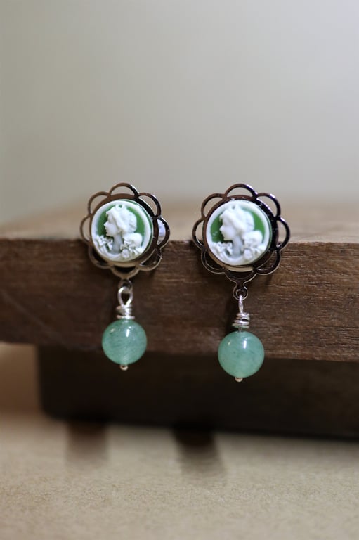 Mini cameo earrings featured with aventurine Gemstone - 925 silver findings