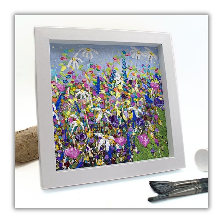 Framed textured flower painting - Scotland - acrylics - cold wax - wildflowers