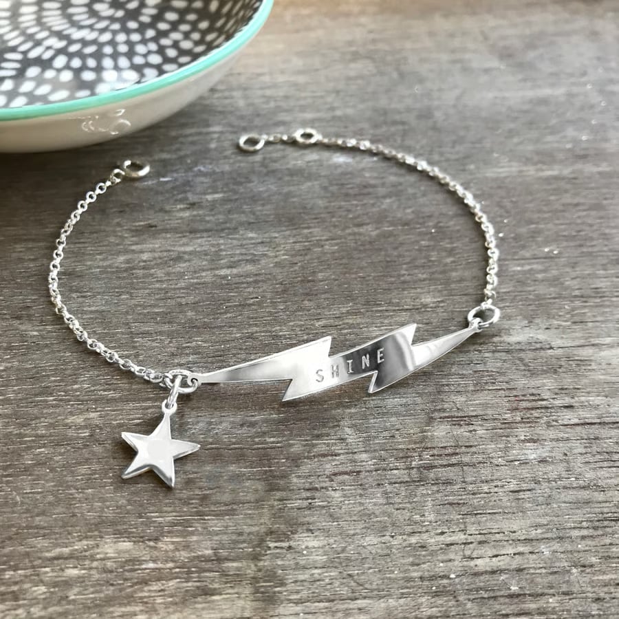 Personalised Silver Lightning Bolt Bracelet with Star Charm, celestial jewellery