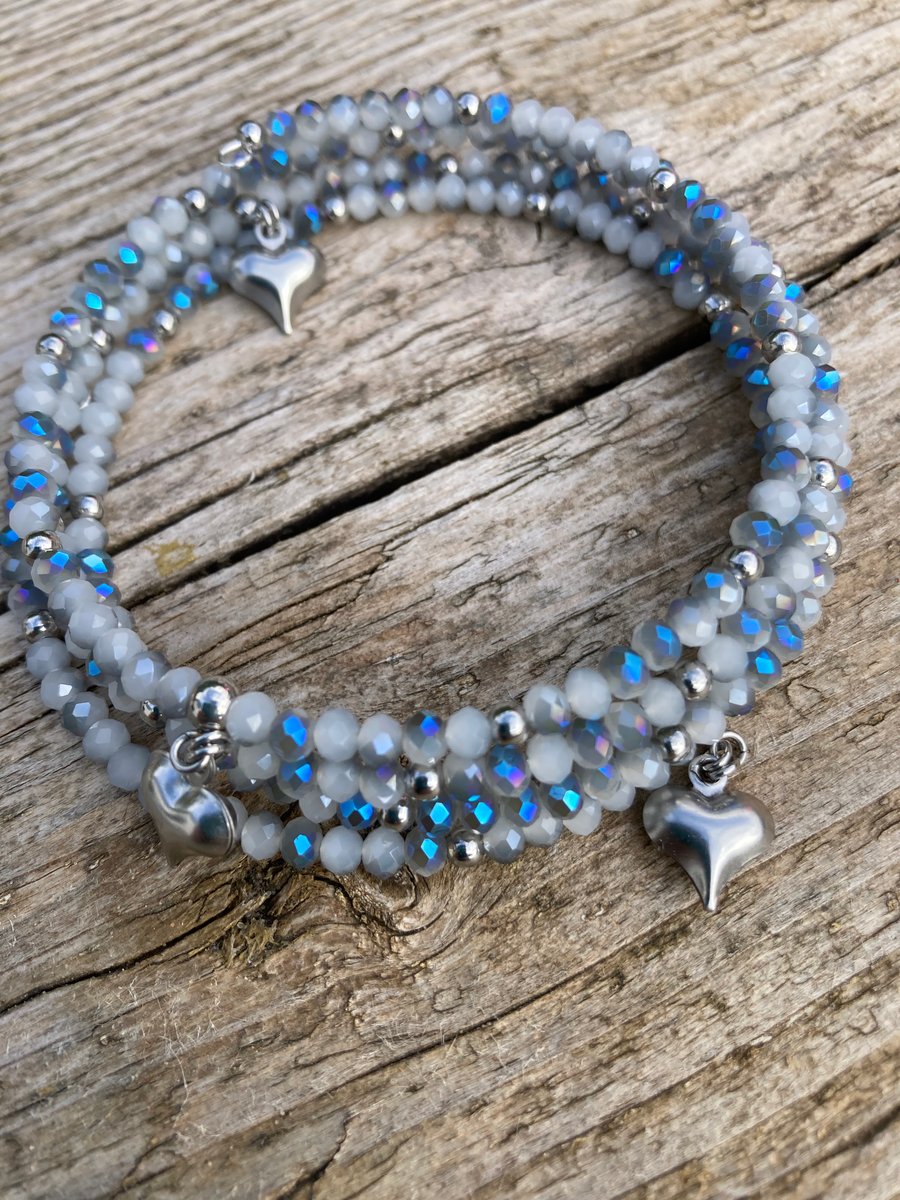 Beaded wrap around bracelet with heart charms. Free shipping 