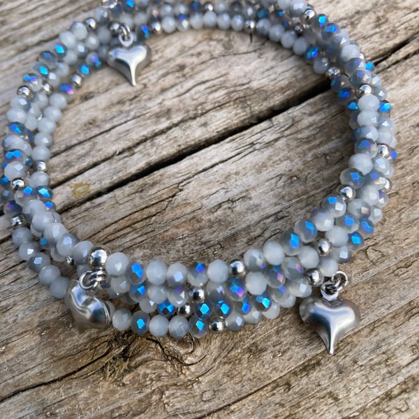 Beaded wrap around bracelet with heart charms. Free shipping 