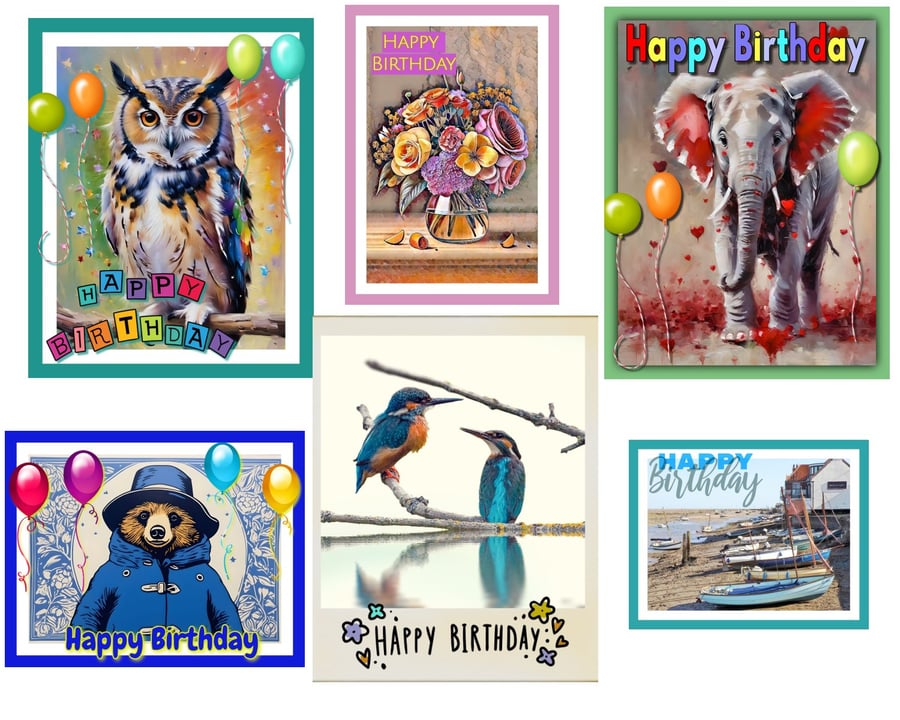 Pack of 6 Mixed Birthday Greeting Cards A5 Folksy