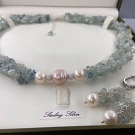 Aquamarine & Cultured Pearl Bridal Choker Necklace & Earring Set Sterling Silver