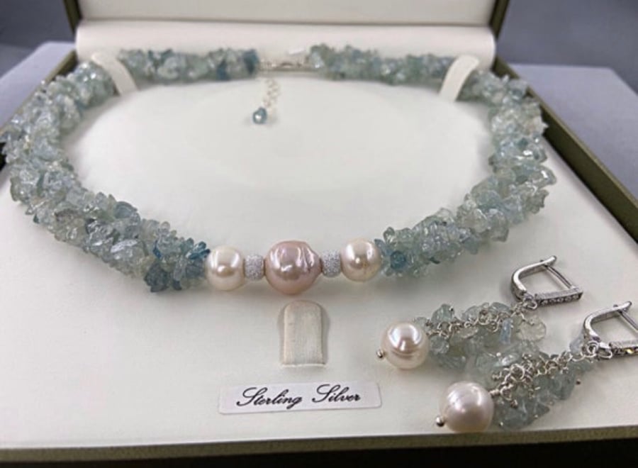 Aquamarine & Cultured Pearl Bridal Choker Necklace & Earring Set Sterling Silver
