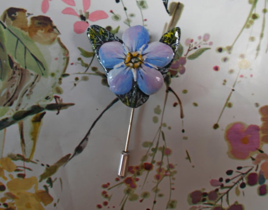 Handmade FORGET-ME-NOT PIN: Hand Painted Clay Forget-Me-Not Lapel Flower Brooch