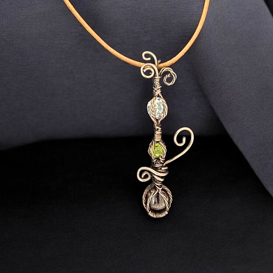 Suffragette Oxidised Copper Pendant, Amethyst, Peridot & Cubic Zirconia 