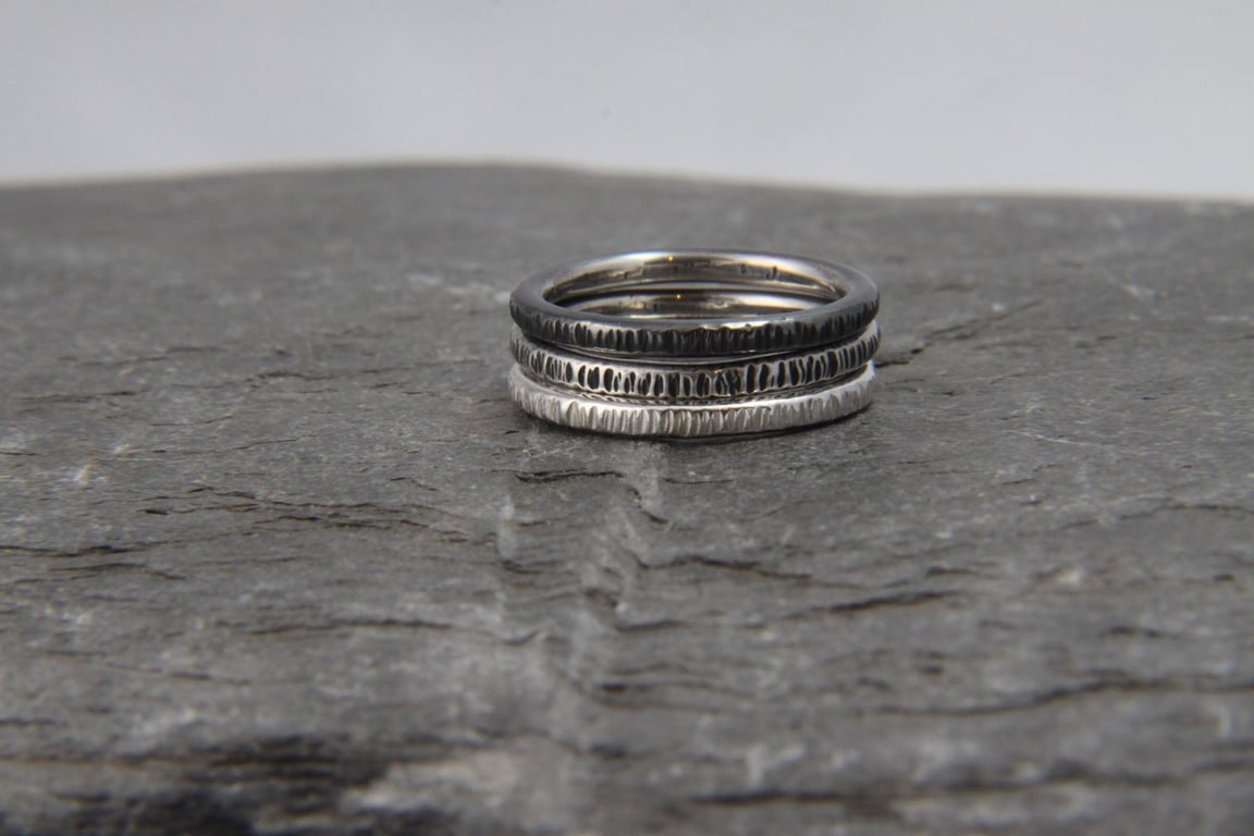 Oxidised Ombre Hammered Sterling Silver Skinny Stacking Ring Band Set