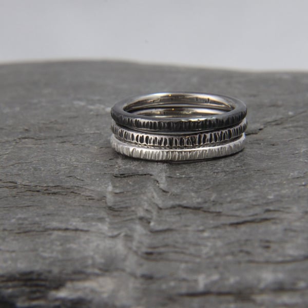 Oxidised Ombre Hammered Sterling Silver Skinny Stacking Ring Band Set