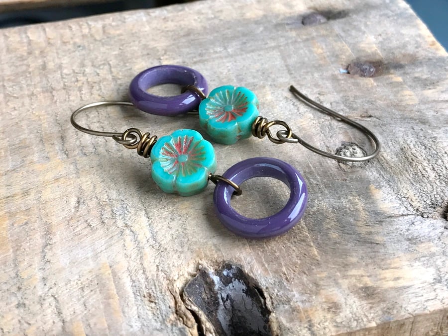 Boho Chic Floral Hoops, Artisan Lampwork Earrings, Unique Colourful Jewellery