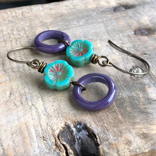 Boho Chic Floral Hoops, Artisan Lampwork Earrings, Unique Colourful Jewellery