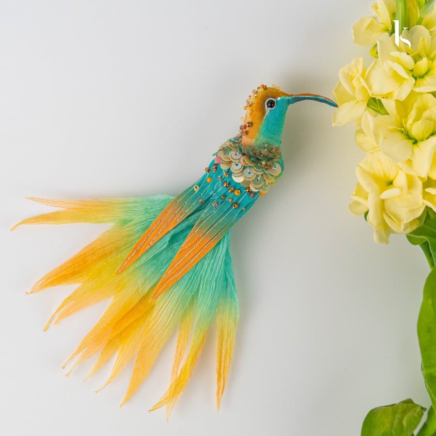 Hummingbird Teal and Ochre - Handmade Textile Brooch 