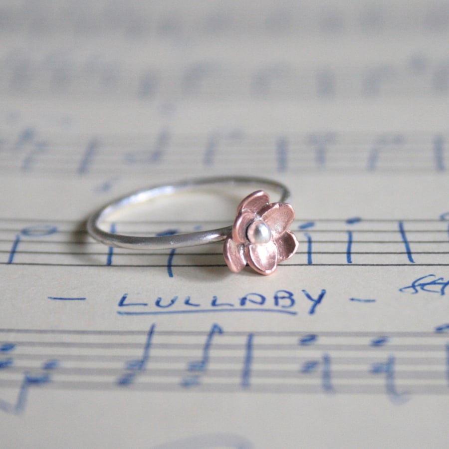 Sterling silver and copper botanical ring, dainty flower ring