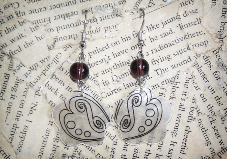 Flower Seashell Shell Purple Bead Dangle Hook Earrings