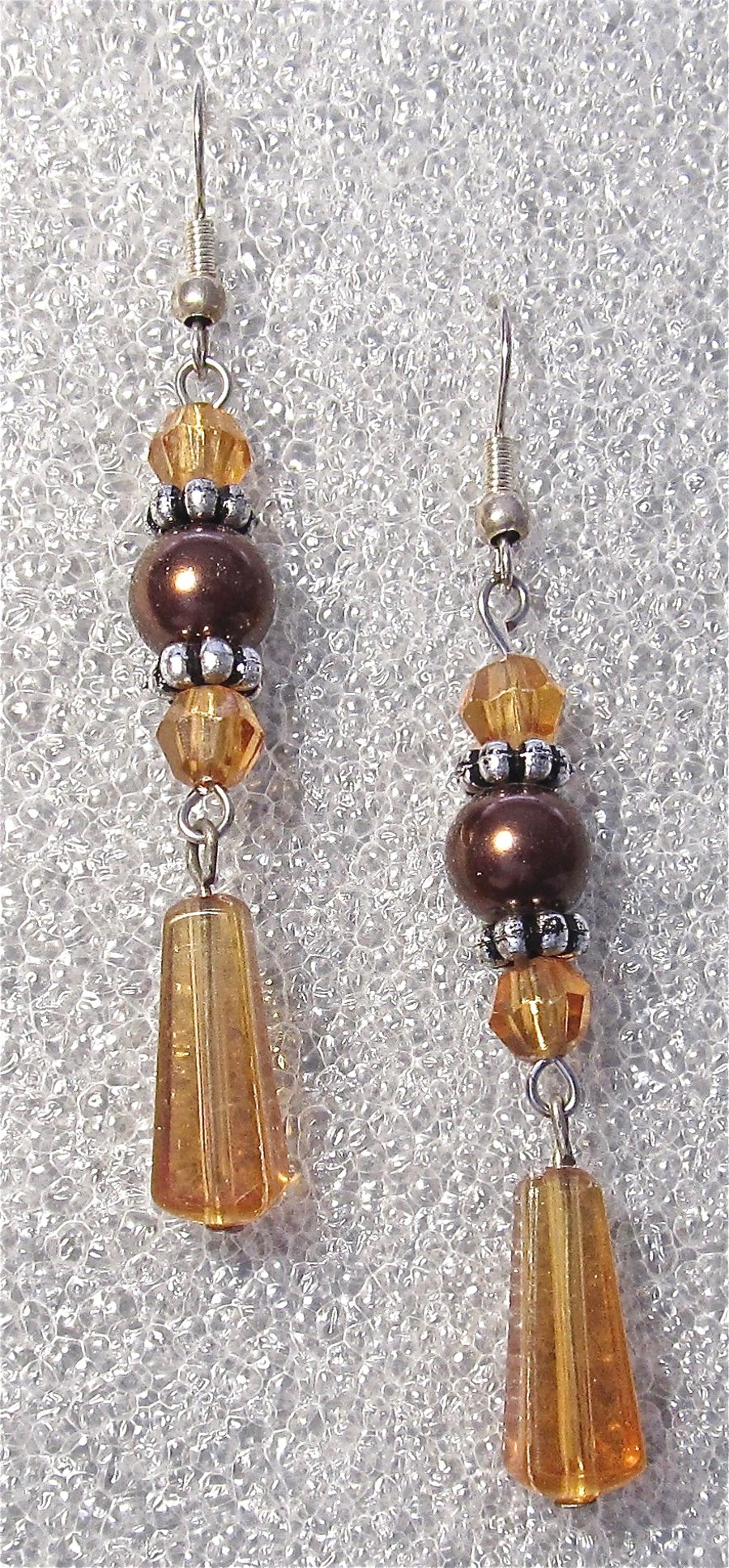Chocolate Glass Pearl Earrings with Acrylic Amber & Silver-tone Beads, SS Hooks