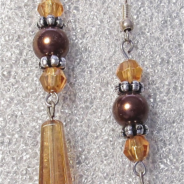 Chocolate Glass Pearl Earrings with Acrylic Amber & Silver-tone Beads, SS Hooks