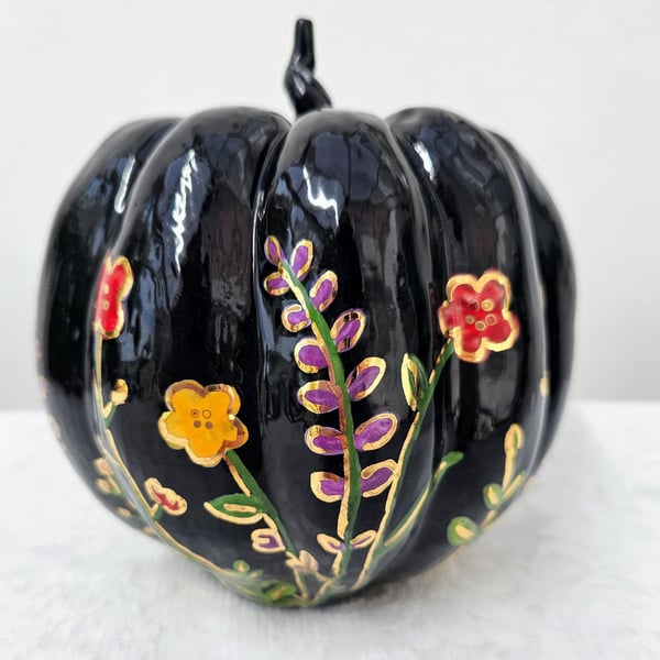 Hand Painted Ceramic Black Pumpkin
