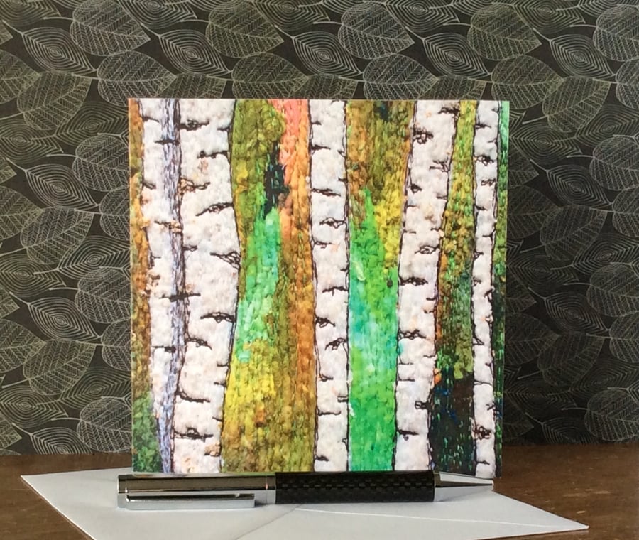 Print of embroidered silver birch copse greetings card. 