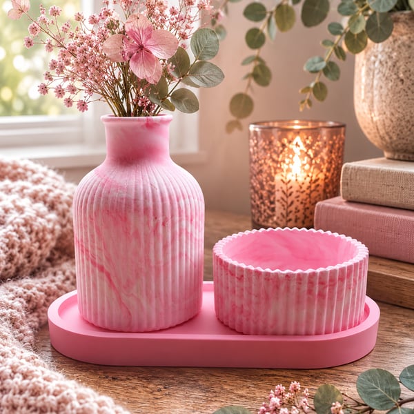 Marbled Bud Vase, Trinket Dish and Tealight Holder Gift Set. Eco Resin