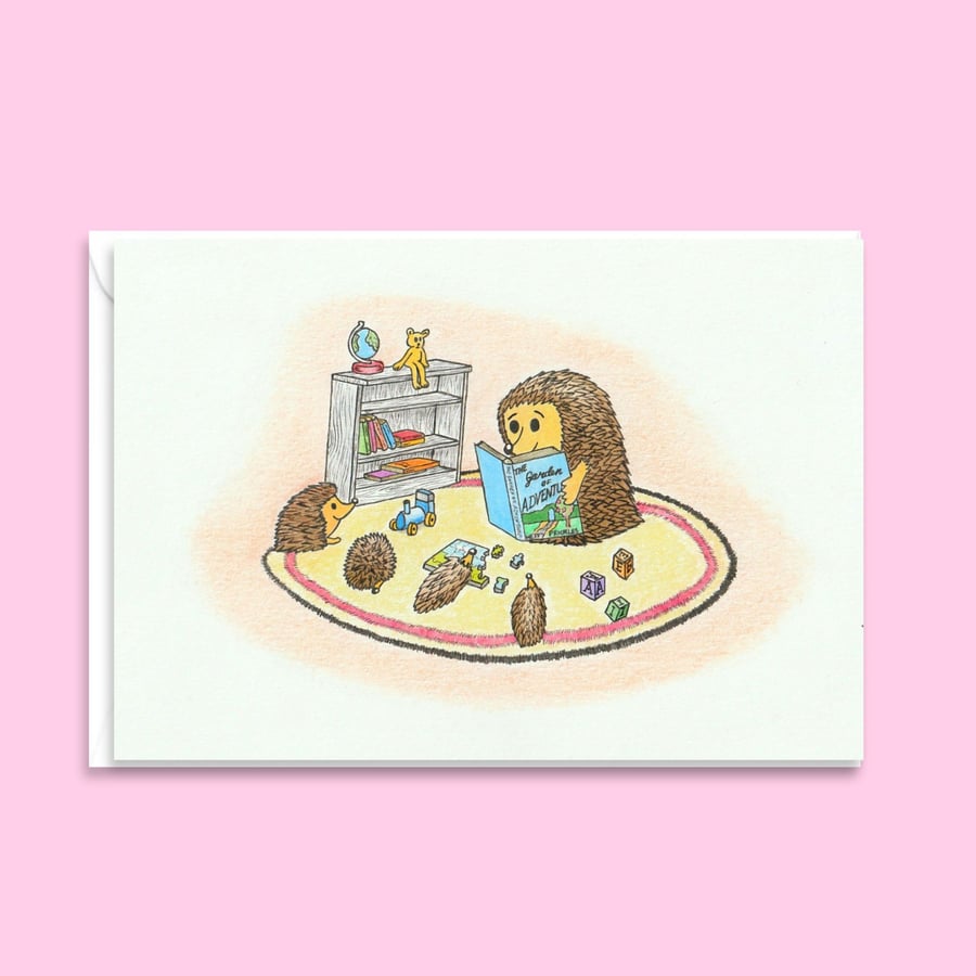 Hedgehogs Story Time Greeting Card & Envelope - Hand Drawn Pencil Illustration 