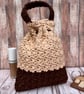 Two Tone Crochet Drawstring Pouch With Handle, Brown & Beige Small Bag - Image 3