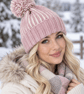 Ladies Chunky Hand-knitted Bobble Hat, Rose Pink and Cream Brioche Rib Design 