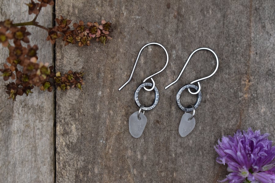 Scottish Sea Glass and Recycled Sterling Silver Earrings, White