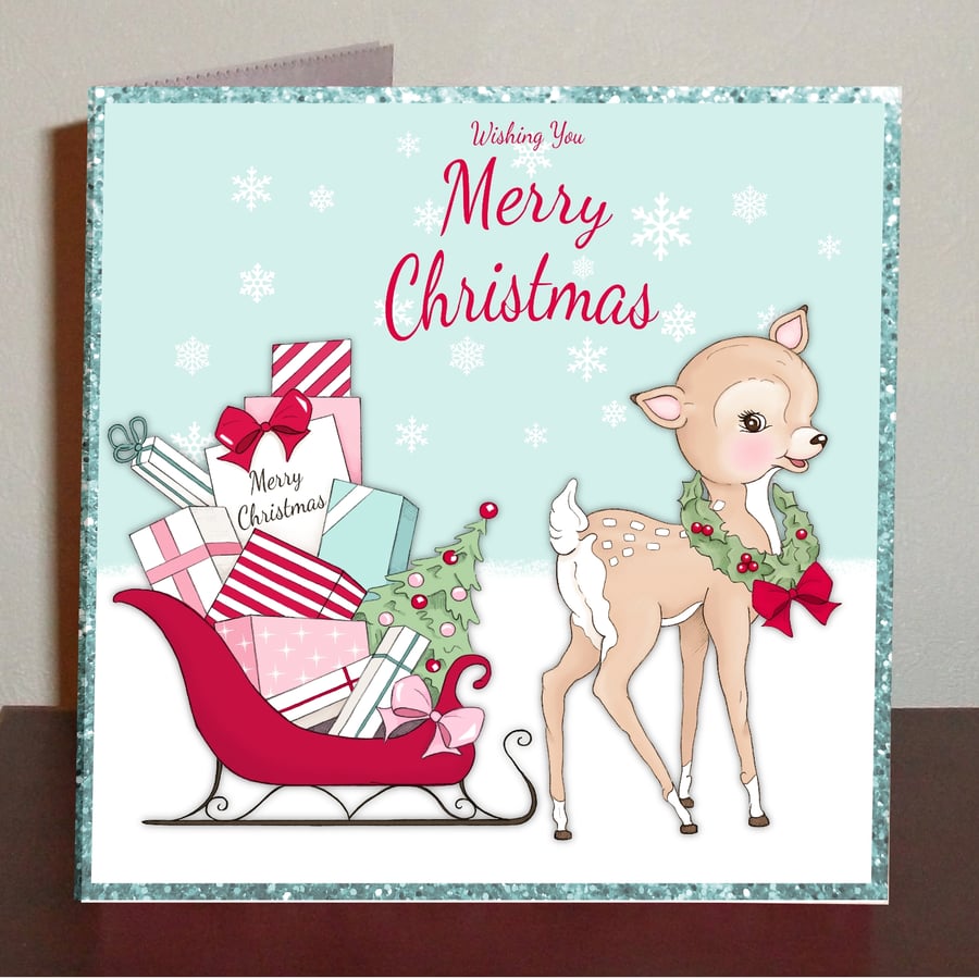 Set of 4 Bambi Christmas cards in blue