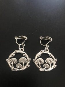 clip on earrings with mushrooms in grass  tibetan silver charm