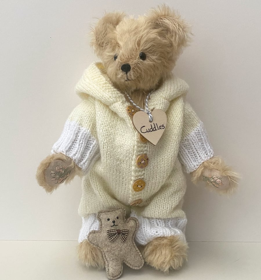 Bedtime teddy bear, one of a kind collectable mohair artist bear, dressed teddy