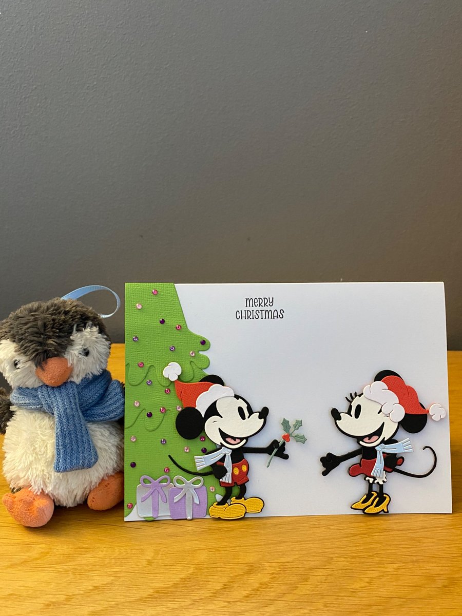 Handmade Minnie & Mickey Christmas Card – Festive Holly Christmas Card
