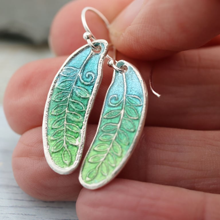 Silver Fern Earrings in green shades of enamel