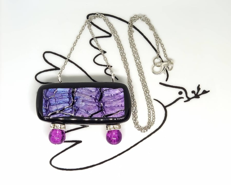 Mini iridescent purple rectangle crackle pendant with glass beads