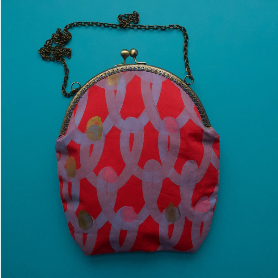 Hand painted fabric large purse or small hand bag - red, lilac and gold