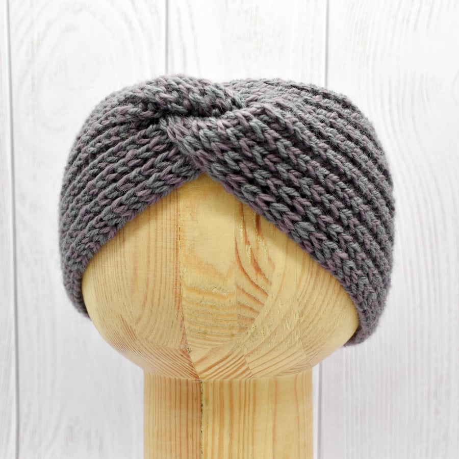 Hand Knitted headband ear warmers in mauve and grey wool - Toddler