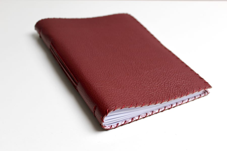 A5 handmade red Leather Notebook floral fabric lining plain paper 