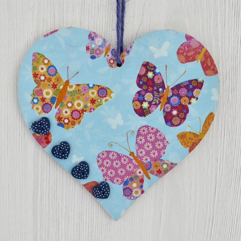 Decoupaged Wooden Hanging Heart: Pretty Butterflies design 6” (15cm)