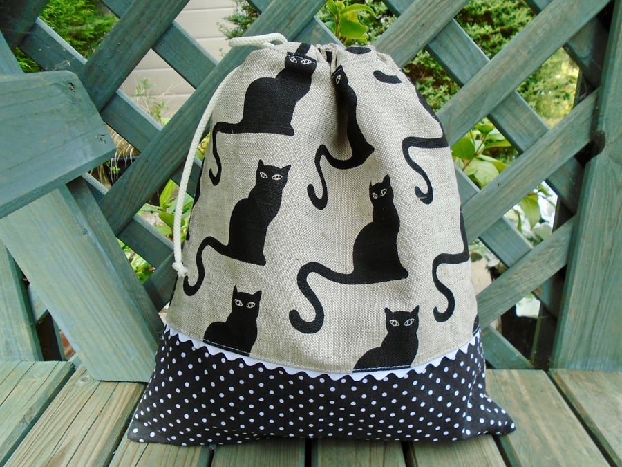 Cotton Drawstring Bag - Black cats 