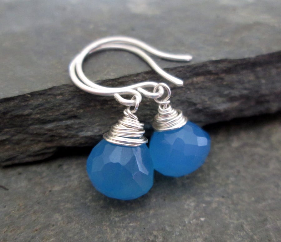 Blue Gemstone Earrings - Wire wrapped Chalcedony Drop Earrings, Gift Jewellery