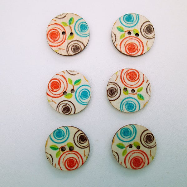 Colourful abstract swirls wood buttons, set of 6, 2.5cm diameter