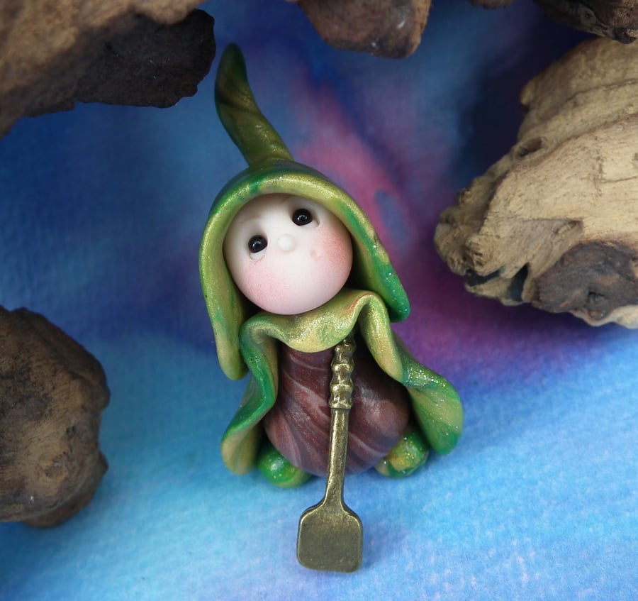 Tiny Gardening Gnome digging with spade 'Doug' 1.5" OOAK Sculpt by Ann Galvin