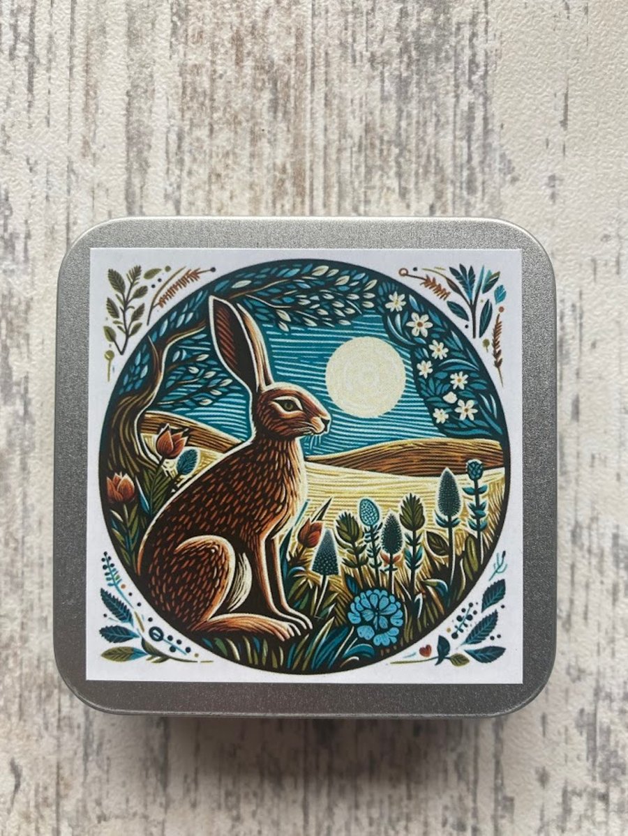 Hare storage tin square for buttons, stitch markers, beads, knitting and sewing