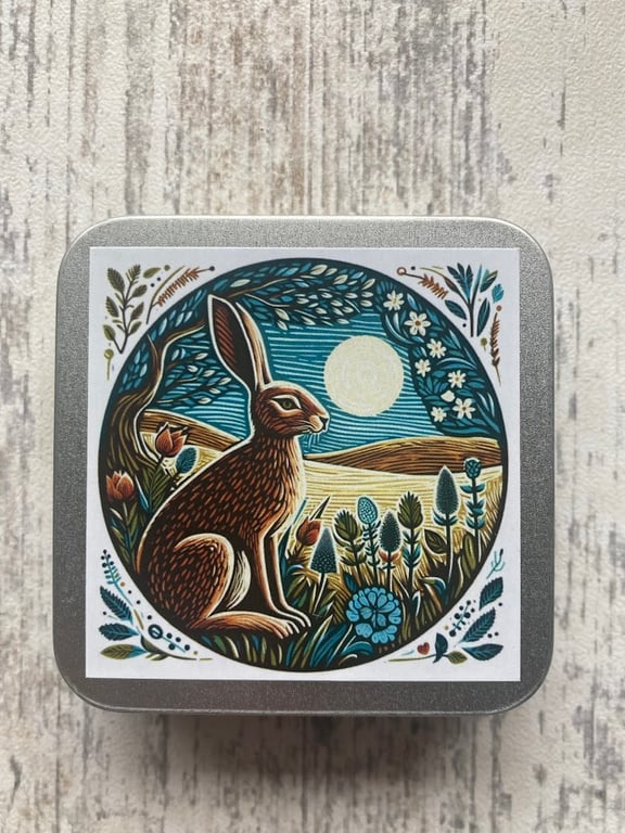 Hare storage tin square for buttons, stitch markers, beads, knitting and sewing